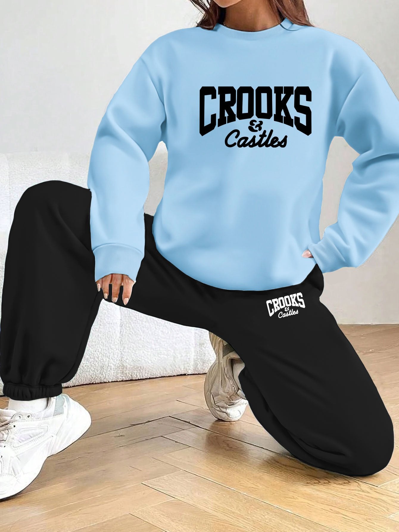 Women'S Casual Stylish Geometric Letter Pattern Printed Pullover And Sweatpants Set - Long Sleeves, Round Neck, Polyester Blend, Perfect Choice for Autumn And Winter.